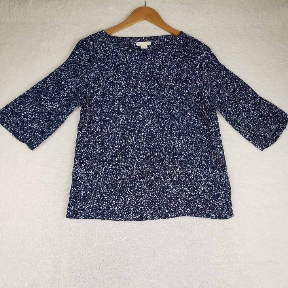 HM Navy Blue White Micro Dot 3/4 Sleeve Viscose Blouse Top Size 4 Coastal Chic